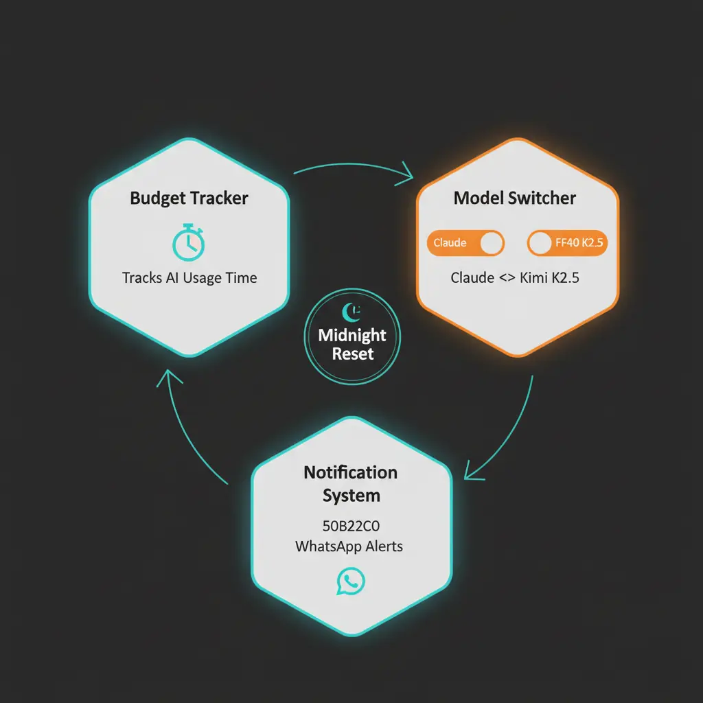 OpenClaw Smart Model Manager architecture diagram showing three interconnected components: Budget Tracker monitoring AI usage time, Model Switcher automatically toggling between Claude and Kimi K2.5, and Notification System sending WhatsApp alerts, all synchronized with midnight reset for daily budget management
