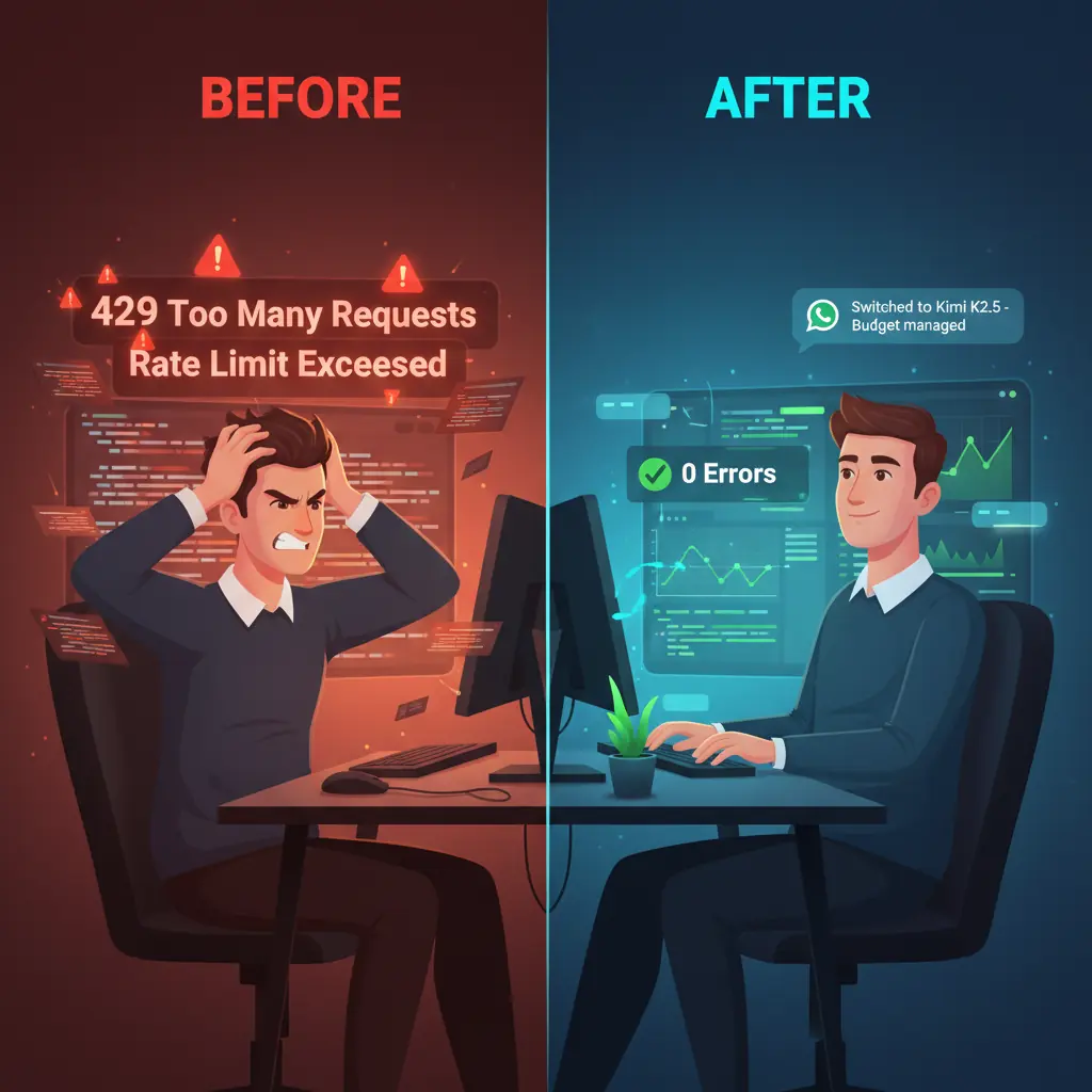 Before and after comparison of OpenClaw rate limiting solution - left side shows frustrated developer facing 429 Too Many Requests errors and Claude rate limit exceeded warnings in red chaos, right side shows calm developer with zero errors dashboard, green checkmarks, and WhatsApp notifications confirming successful Kimi K2.5 fallback model switch and automated budget management
